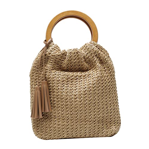 LRXIYODE 1Stück Damen Handtasche Gewebtem Material mit Holzgriff Vielseitige Schultertasche für Strand Freizeit Sommer Ausreichend für Persönliche Gegenstände von LRXIYODE