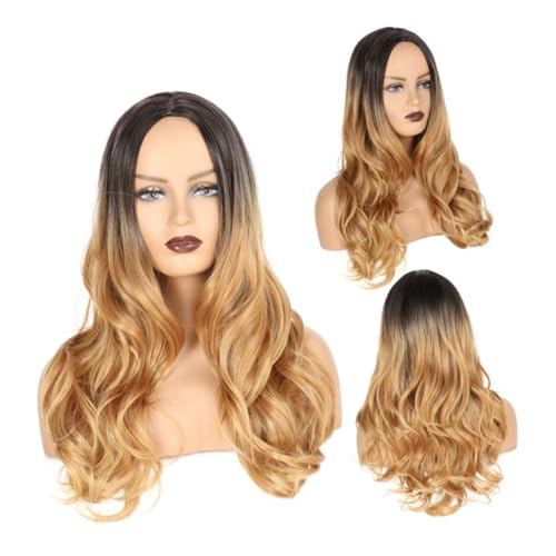 LRXIYODE 1Stück Stylische Langhaar Perücke mit Realistischer Lockenhaube Schwarz Gold Verlauf Netzperücke für Damen und Mädchen Atmungsaktives Design Farben von LRXIYODE