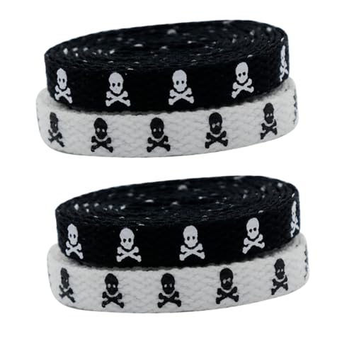 LRXIYODE 2 Paar Flache Elastische Schnürsenkel Zweifarbige Skull Design Schnürbänder Reißfest für Sneaker Canvas und Freizeitschuhe Modische Dicke Schuhbänder für Damen und Herren von LRXIYODE