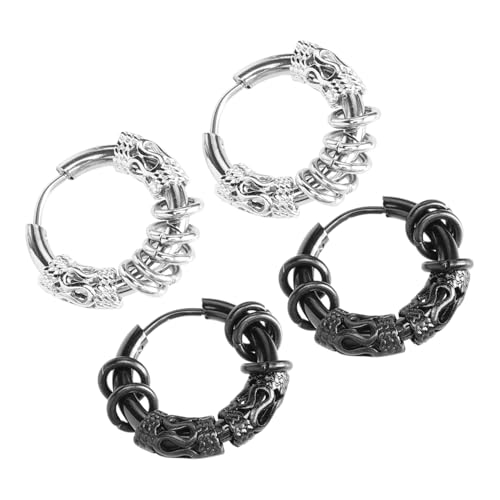 LRXIYODE 2 Paare Herren Edelstahl Ohrringe mit Rundem Design und Drachenmuster Creolen in Metall und Schwarz Modische Ohrschmuck für Partys Geburtstage Weihnachten und Alltag von LRXIYODE