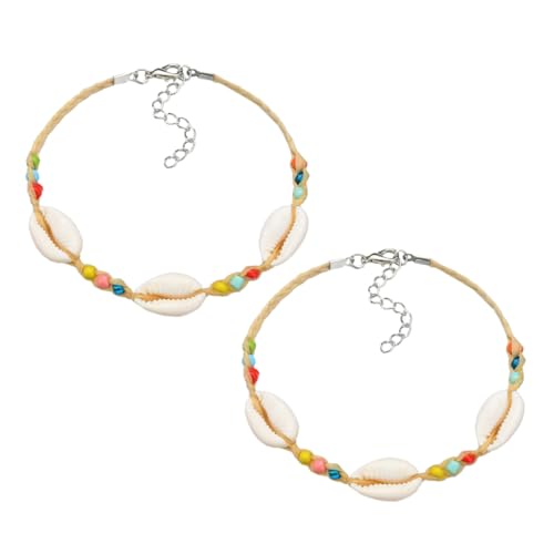 LRXIYODE 2 Stück Boho Fußkettchen Bunte Perlen und Natürliche Muscheln Leichtes Strapazierfähiges Schmuck Accessoire für Damen Dekorative Knöchelketten für Reisen Partys und Alltag von LRXIYODE