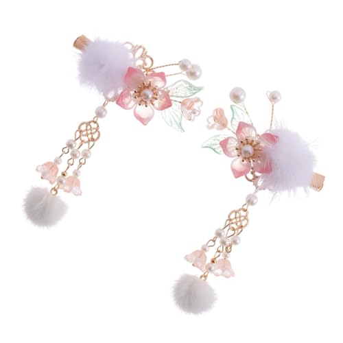 LRXIYODE 2 Stück Chinesischer Stil Haarclip mit Kunstperlen Handgefertigter Blüten und Fellbommel Design Rutschfest und Schonend für Frauen Mädchen und Eleganter Haarschmuck für Anlässe von LRXIYODE
