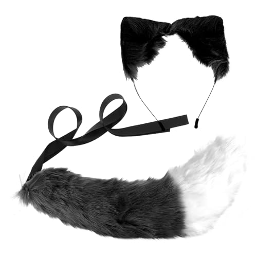 LRXIYODE 2 Stück Erwachsene Cartoon Tier Kostüm Set mit Plüsch Hasenohren Stirnband und Kunstpelz Fuchsschwanz Niedliches Cosplay Zubehör für Party und Fotoshootings Schwarzes Tierohren von LRXIYODE