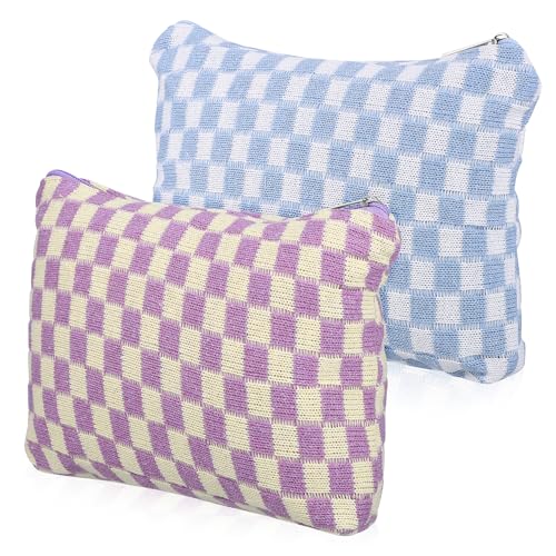 LRXIYODE 2 Stück Kosmetiktasche Kleine Schminktaschen mit Reißverschluss Große Kapazität Leichte Make up Organizer mit Karomuster Vielseitig Einsetzbar für Damen Reise und Alltag von LRXIYODE