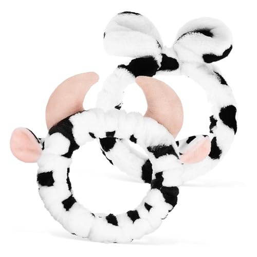 LRXIYODE 2 Stück Niedliches Kuh print Stirnband Elastisch Sanft Hautfreundlich mit Hörnern oder Schleife Kosmetik Haarband für Damen Mädchen Spa Make up Waschgesicht Zubehör von LRXIYODE