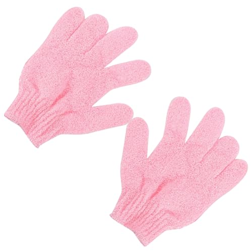 LRXIYODE 2 Stück Peeling Handschuhe aus Nylon Duschhandschuhe mit Fingern Dehnbar und Waschbar Körperpeeling für Männer Frauen und Rosa mit Praktischem Aufhänger von LRXIYODE