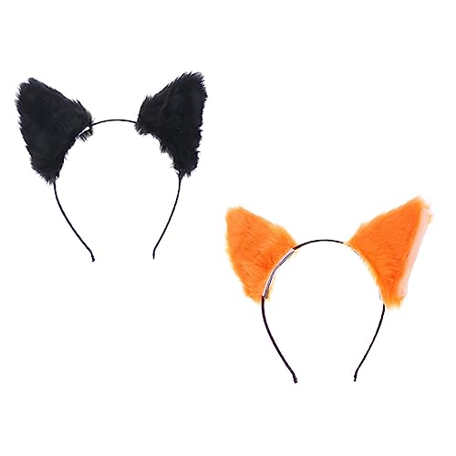 LRXIYODE 2 Stück Plüsch Katzenohren Stirnband Cosplay Haarschmuck Fuchsohren Design Orange schwarz Niedlich Party Karneval Halloween Accessoire von LRXIYODE