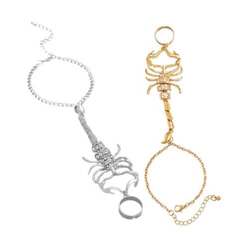 LRXIYODE 2 Stück Teiliges Scorpion Finger Ring Hand Chain Modischer Punk Schmuck Komfortabel Verstellbar Silber Gold Auffälliges Accessoire für Party Halloween Damen Handkette von LRXIYODE