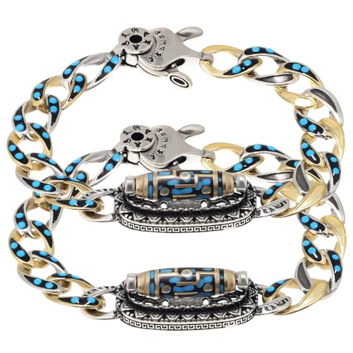 LRXIYODE 2 Stück Tibetisches Kupferarmband mit Türkisperlen und Augen Dzi Motiv Handgefertigtes Exotisches Herren Armband im Traditionellen Stil Angenehm zu Tragen Langlebig von LRXIYODE