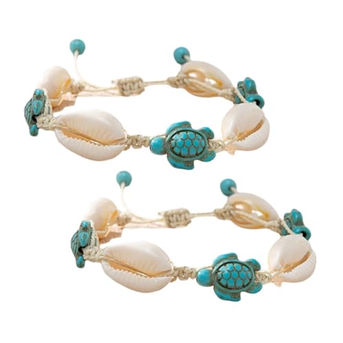 LRXIYODE 2 Stück Verstellbares Muschel Armband Damen mit Schildkrötenanhänger Handgefertigt Boho Fußkettchen für Sommer Strandurlaub Natürliche Perlen Schmuck für Frauen von LRXIYODE