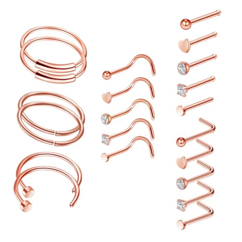 LRXIYODE 21 STÜCKE Teiliges Edelstahl Nasenpiercing Roségold Filigrane Leichte Nasenringe und Nasenstecker Hautfreundlich Modisch für Damen und Herren Einfach zu Tragen und Vielseitig von LRXIYODE
