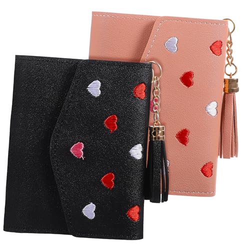 LRXIYODE 2stücke Fach Gefaltete Geldbörse Aus Pu-Material Mit Herz-Stickerei Kartenhalter Für Damen Praktisch Zum Aufbewahren Von Kreditkarten Und Kleingeld Kompakt Und Tragbar Für von LRXIYODE