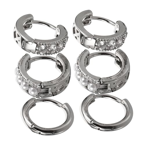 LRXIYODE 3 Paare Damen Creolen Ohrringe Silberfarbene Kreisform Ohrschmuck mit Perlen und Zirkonia Modisch Vielseitig Tragbar für Alltag Hochzeit Geburtstag und Besondere Anlässe von LRXIYODE