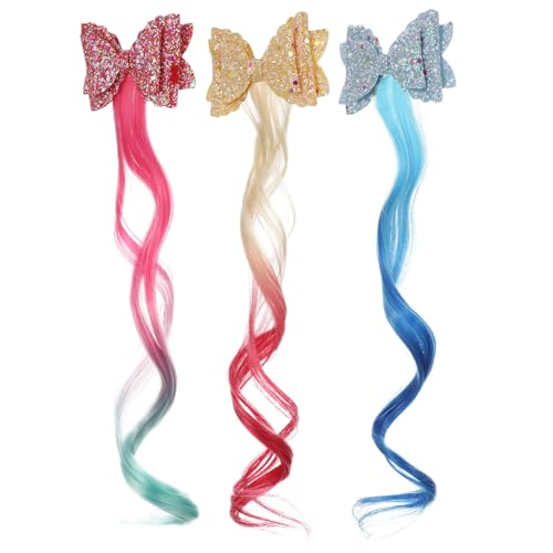 LRXIYODE 3 Stück Bunte Haarschmuck Clips mit Glitzernden Schleifen Synthetische Haarsträhnen für Mädchen Einfache Anbringung Komfortabel Farbenfrohe Haarverlängerung für Rollenspiele und von LRXIYODE