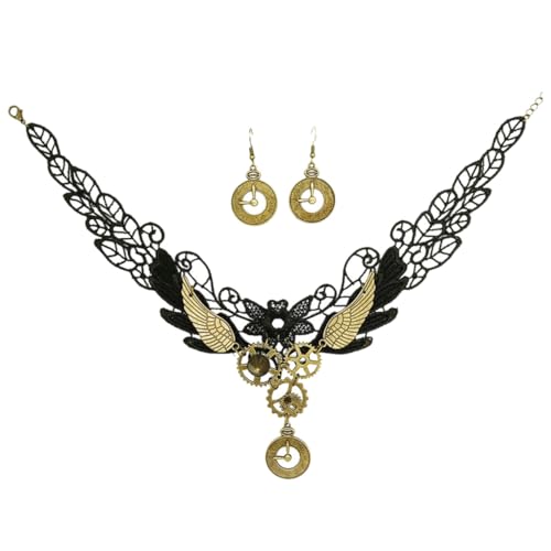 LRXIYODE 3 Stück Gothic Vintage Halskette mit Uhrmotiv und Spitzen Ohrring für Damen und Mädchen Langlebiges Material Eleganter Choker Schmuck für Besondere Anlässe von LRXIYODE