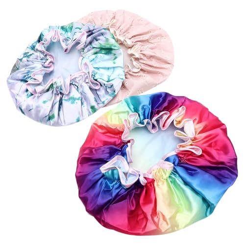 LRXIYODE 3 Stück Wasserdichte Duschhaube mit Elastischem Wiederverwendbare Doppellagige Satin Haarhauben für Damen und Herren Vielseitig für Duschen Baden und Haarkur Modische Bunte von LRXIYODE