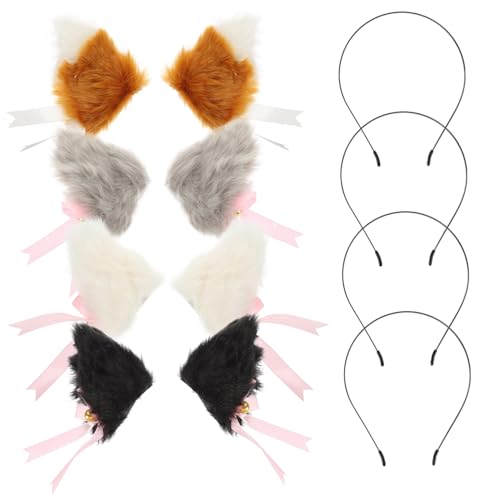 LRXIYODE 4 Paare Niedliche Katzenohren Haarklammern mit Schleife Weiches Plüschmaterial Dekorative Haarspangen für Mädchen Cosplay Party Festival Zubehör Langlebig und Modisch von LRXIYODE
