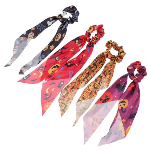 LRXIYODE 4 Stück Teiliges Halloween Haargummi mit Kürbis und Skelett Motiven Elastische Haarschleifen für Ponytails Schonend und Vielseitig Einsetzbar Haaraccessoires für Mädchen und von LRXIYODE