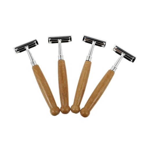 LRXIYODE 4 Stück Teiliges Holzgriff Rasierer mit Doppelklingen für Präzise Hautschonende Rasur Ergonomisch Geformt mit Rutschfestem Griff für Barbershops Friseursalons und Zuhause von LRXIYODE