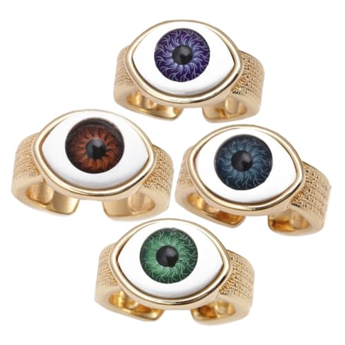 LRXIYODE 4 Stück Teiliges Verstellbare Offene Hip Hop Evil Eye Ringe aus Kupfer mit Vergoldung Unisex Fingerringe für Herren und Damen Trendiger Schmuck für Party Hochzeit Alltag von LRXIYODE