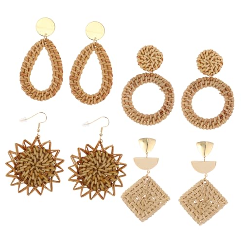 LRXIYODE 4Paare Rattan Ohrringe Handgewebt für Frauen Leichte Langlebige Ohrringe für Partys Strand Vielfältige Farben Hochwertiges Holzmaterial von LRXIYODE