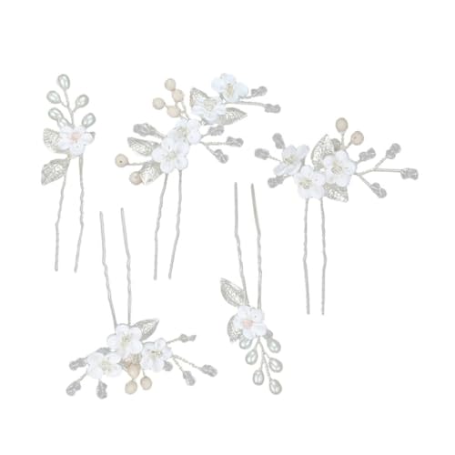 LRXIYODE 5 Stück Braut Haarschmuck mit Weißen Softton blumen und Silbernen Metallblättern U förmige Haarforken Stilvolle Hochzeit Haarnadeln für Damen Leicht und Langlebig von LRXIYODE