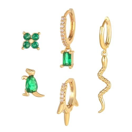 LRXIYODE 5 Stück Teiliges Ohrstecker Grünen Zirkonia Kleine Schlangen Dinosaurier designs Glatte Oberfläche Kratzfest Rostfrei Ideal für Damen Modischer Schmuck für Mehrere Ohrlöcher von LRXIYODE