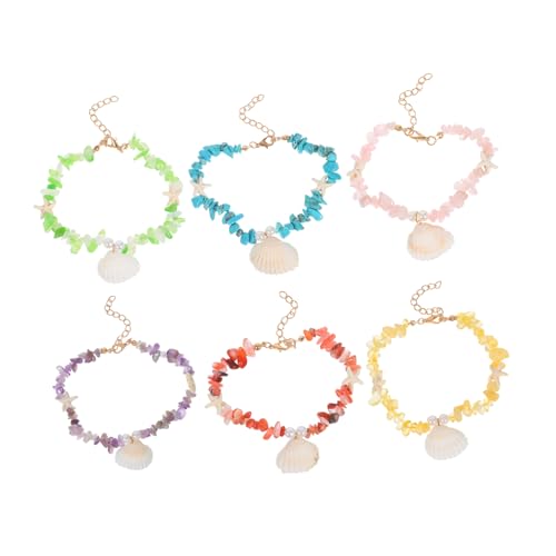 LRXIYODE 6 Stück Boho Fußkettchen Verstellbar Natürliche Steinperlen Muschel Strand Schmuck Handgefertigt Damen Mädchen Sommerliches Beach Accessoire von LRXIYODE