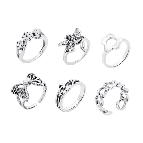 LRXIYODE 6 Stück Teiliges Damen fingerring Langlebiger Legierung Zarte Vintage designs mit Blumen Schmetterlingsmotiven Leichter Knöchelring für Alltag Hochzeit und Jubiläum Modisch und von LRXIYODE