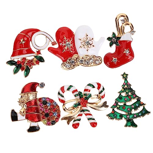 LRXIYODE 6 Stück Teiliges Weihnachtsbroschen Set Strass Glanz Pins mit Weihnachtsmotiven Langlebig Kratzfest für Kleidung Taschen Hüte Schals Festliche Party Schmuck Damen Zubehör von LRXIYODE