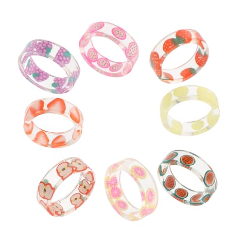 LRXIYODE 8 Stück Teiliges Damen Fruchtmuster Ringe aus Resin Kreative Schmuckstücke für Festival Party Alltag und Kostüm Geeignet Auffälliges Design als für Frauen und Mädchen von LRXIYODE