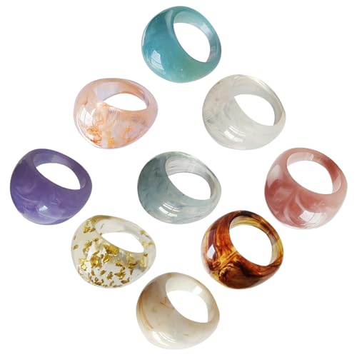 LRXIYODE 9 Stück Teiliges Bunter Resin fingerringe mit Einzigartigem Farbmix Modische Persönlichkeitsschmuck für Damen und Herren Auffällige Dekoration für Party Alltag Geschenk von LRXIYODE