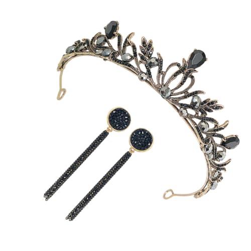 LRXIYODE Barock Vintage Hochzeit Krone Haarreif und Ohrringe Schwarzes Legierungsdiadem mit Glitzersteinen Brautschmuck für Damen Geburtstags und Party Accessoire von LRXIYODE