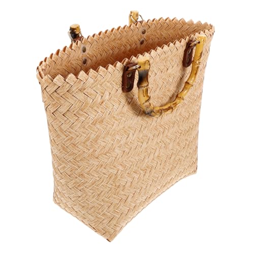 LRXIYODE Beige Geflochtene Strohtasche mit Holzgriff Große Vintage Rattan Strandtasche Handgefertigte Sommer Beach Tote Bag Vielseitige Einkaufstasche und Modische Handtasche für Damen von LRXIYODE