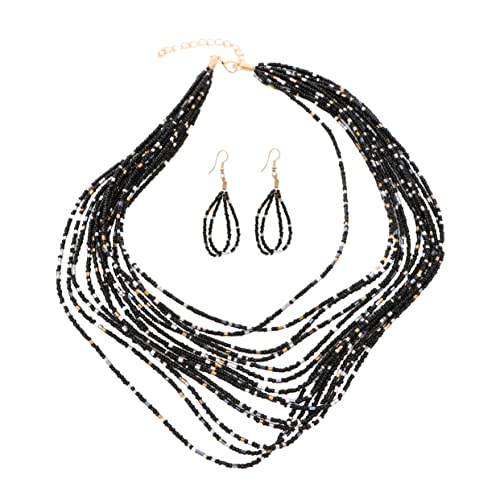 LRXIYODE Stilvolle Halsketten-ohrringe Mehrschichtige Perlenkette Kreativer Damen-halsschmuck Schwarz Kette Ohrringe von LRXIYODE