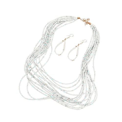 LRXIYODE Boho Halskette Ohrstecker Set Mehrlagige Reisperlen Schmuckset Weiß Damen Party Hochzeit von LRXIYODE