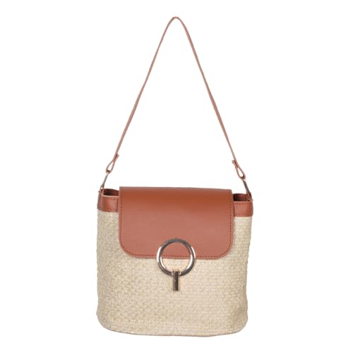LRXIYODE Braune Handgewebte Strohtasche Damen Strandtasche Bucket-form Crossbody Umhängetasche mit Geflochtenem Design für Alltag und Sommerurlaub von LRXIYODE