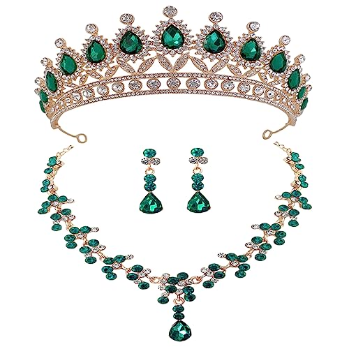LRXIYODE Brautschmuck Damen mit Grüner Tiara Halskette und Ohrringen Leichtes Hochzeitsschmuck für Braut Party und Festtagsaccessoires von LRXIYODE