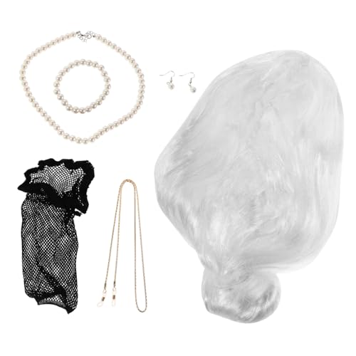 LRXIYODE Cosplay Perücke Dutt Damen Kostüm Perücke für Halloween Karneval Theater mit Brillenkette Armband Halskette Ohrringe Realistisches Design Langlebig Vielseitig Einsetzbar von LRXIYODE