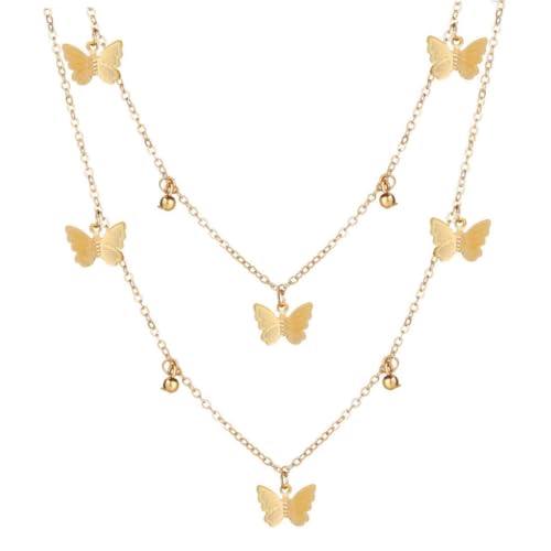 LRXIYODE Damen Doppelreihige Halskette mit Schmetterling Anhänger Verstellbare Kette aus Rostfreiem Legierungs metall Modischer Schmuck für Mädchen und Frauen Elegant für Alltag und Party von LRXIYODE