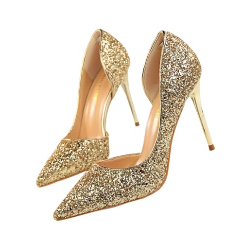 LRXIYODE Damen High Heels Goldene Pailletten Spitzschuh Pumps Dünner Absatz Party Schuhe für Bankett Nachtclub Festliche Anlässe von LRXIYODE