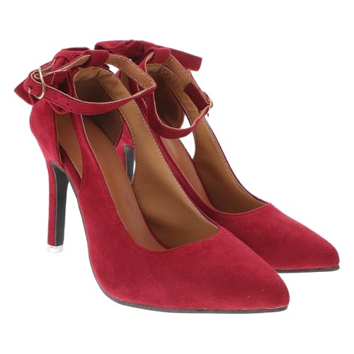 LRXIYODE Damen High Heels mit Schleife Spitz Zulaufend Riemchen design Verstellbarer Knöchelriemen Wildlederoptik Rutschfeste Gummisohle Modisch für Frühling und Sommer Weinrot von LRXIYODE