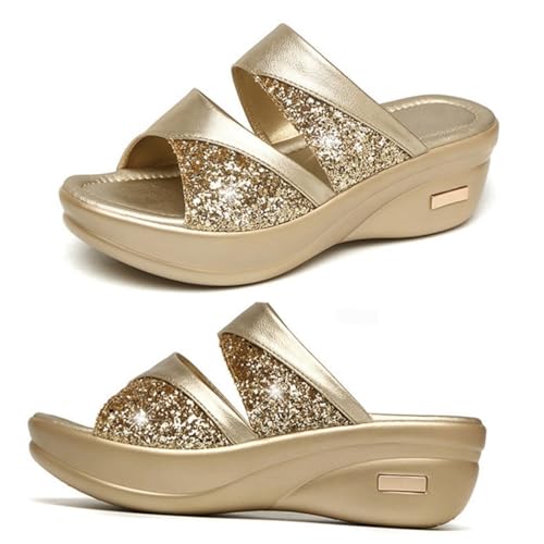 LRXIYODE Damen Keilabsatz Slipper Sommer Sandalen mit Dicker Sohle Fish Mouth Bequemes Outdoor Pantoletten Casual Strandschuhe Goldfarbene von LRXIYODE