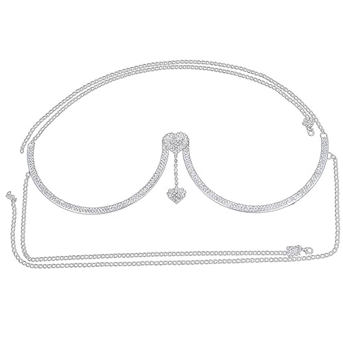 LRXIYODE Damen Körperkette mit Doppeltem Herz Anhänger Strass Silberne Brusthalterung Schmuck für Festival Club und Party Eleganter und Langlebiger Körperschmuck von LRXIYODE
