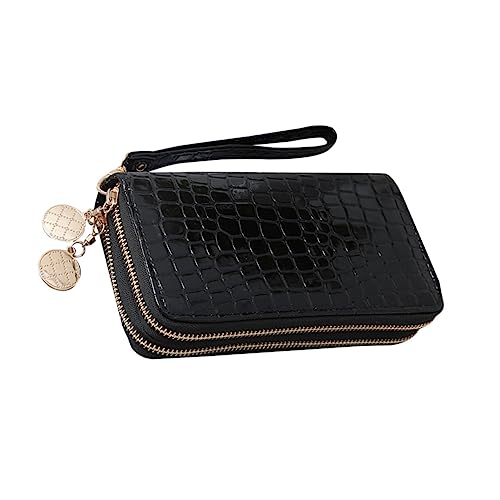 LRXIYODE Damen Langes PU Portemonnaie mit Doppelreißverschluss Große Kapazität Multifunktionale Geldbörse für Frauen Sicherer Verschluss Schwarzes Patentiertes Material von LRXIYODE