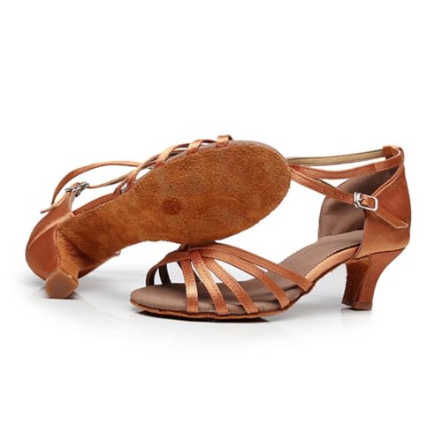 LRXIYODE Damen Latein Tanzschuhe Satin Absatz Flexibel Leicht Komfortabel Verstellbare Schnalle Für Ballroom Salsa Mädchen Tiefes Hautrosa von LRXIYODE