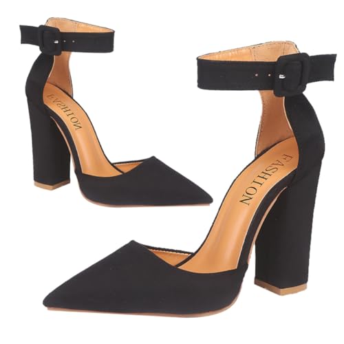 LRXIYODE Damen Pumps mit Klobigem Absatz und Spitz Zulaufender Spitze Anti rutsch Sohle Modische Schnalle Komfortable High Heels für Frauen Geeignet für Party und Alltag Schwarz von LRXIYODE
