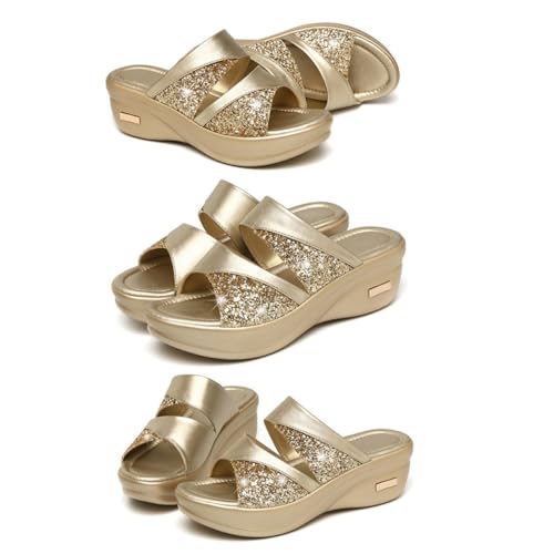 LRXIYODE Damen Sandalen Keilabsatz Sommer Casual Slipper mit Dicker Sohle Atmungsaktive Offene Zehen Goldfarbene Plateau Pantoletten für Outdoor und Strand Bequeme Mom Shoes von LRXIYODE