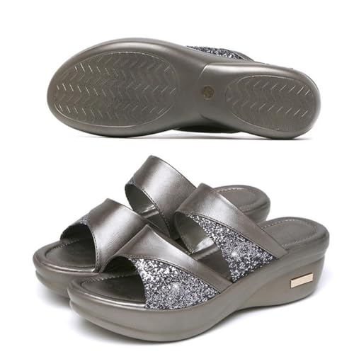 LRXIYODE Damen Sandalen mit Dickem Keilabsatz Sommerliche Pantoletten mit Offenem Zehenbereich Graue Fischmaul Slipper mit Dicker Sohle und Modisch für Freizeit und Strand von LRXIYODE