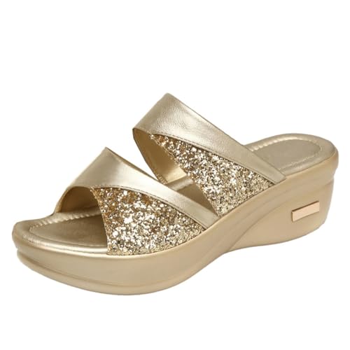 LRXIYODE Damen Sandalen mit Dicker Keilsohle Sommerliche Offene Zehen Freizeit Slipper für Frauen Goldfarben Rutschfest Geeignet für Strand und Alltag von LRXIYODE